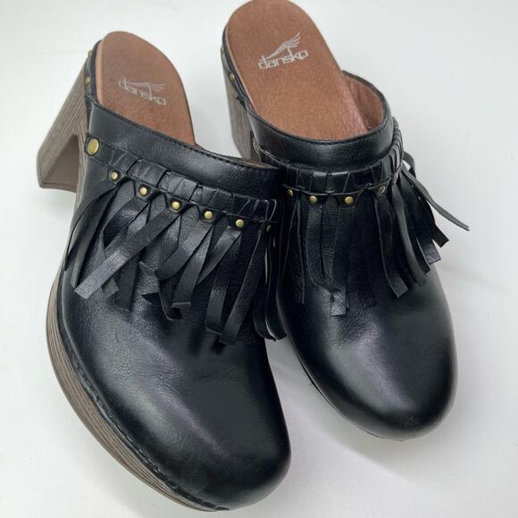 Dansko Shoes - Dansko Deni Full Grain Leather Fringe Slip On Heeled Mule Clogs